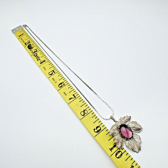 VTG Amethyst Glass Necklace Earrings Set Foil Back Cabochons Silver Tone Leaves - Picture 7 of 10